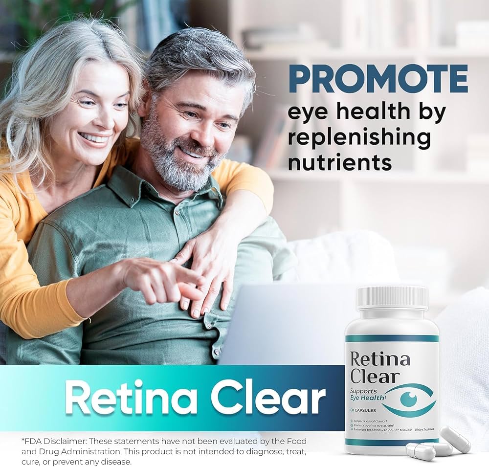 Couple using a laptop comfortably alongside a bottle of Retina Clear capsules