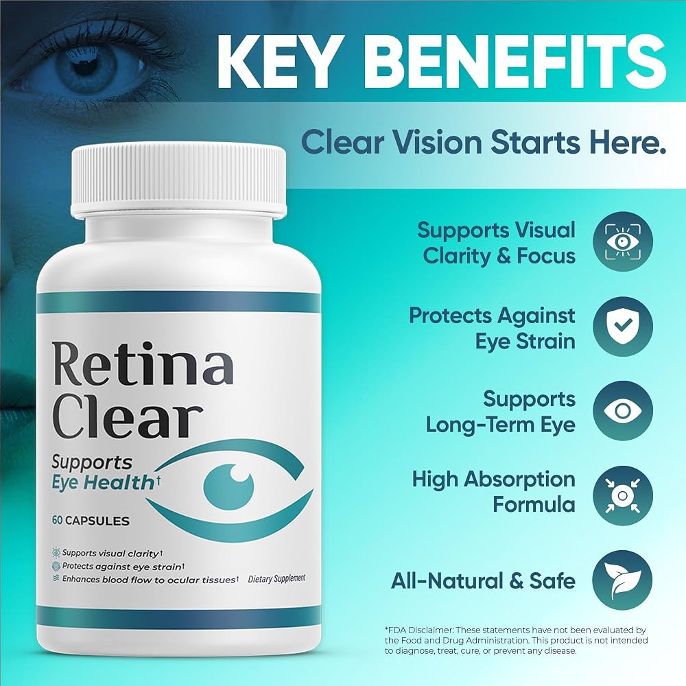 Retina Clear key benefits: visual clarity and focus, eye strain protection, long-term eye support, high absorption, all natural